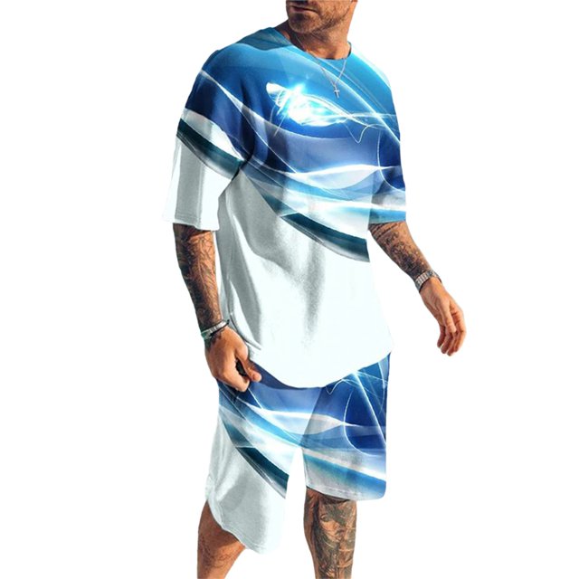 Innerwin 2 Pieces Set Crew Neck Tops Mens Outfit Holiday Short Sleeve Lounge Outfits Blue 3XL