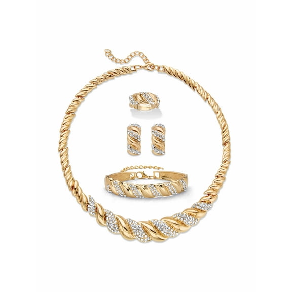 PalmBeach Jewelry Round Crystal Goldtone S-Link Necklace, Earring and Bracelet Set BONUS: Buy the Set, Get the Adjustable Ring FREE! 19"-21"