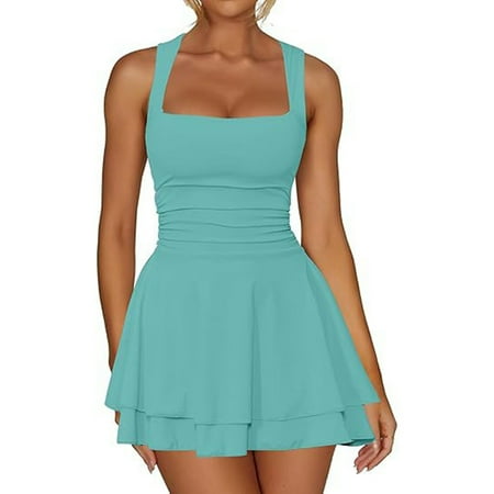 Women s Square Neck Mini Dress Ruffle Hem Ruched Waist Short Party Club Cocktail Corset Dresses