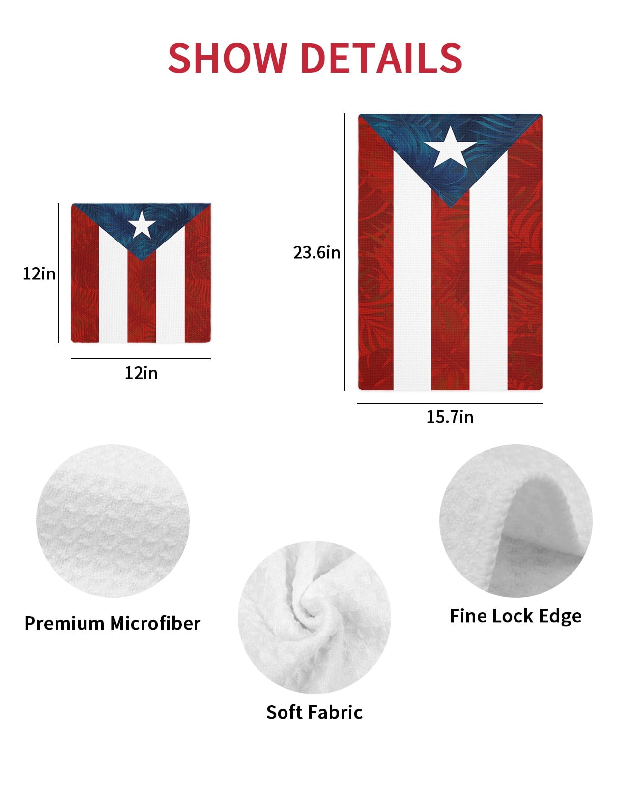 Puerto Rico Flag Kitchen Dish Towels for Drying Dishes Set of 2, Palm Leaf Botanical Red Striped Blue Star Waffle Weave Microfiber Hand Tea Bathroom Towels Quick Dry & Absorbent Towel 15.7x23.6