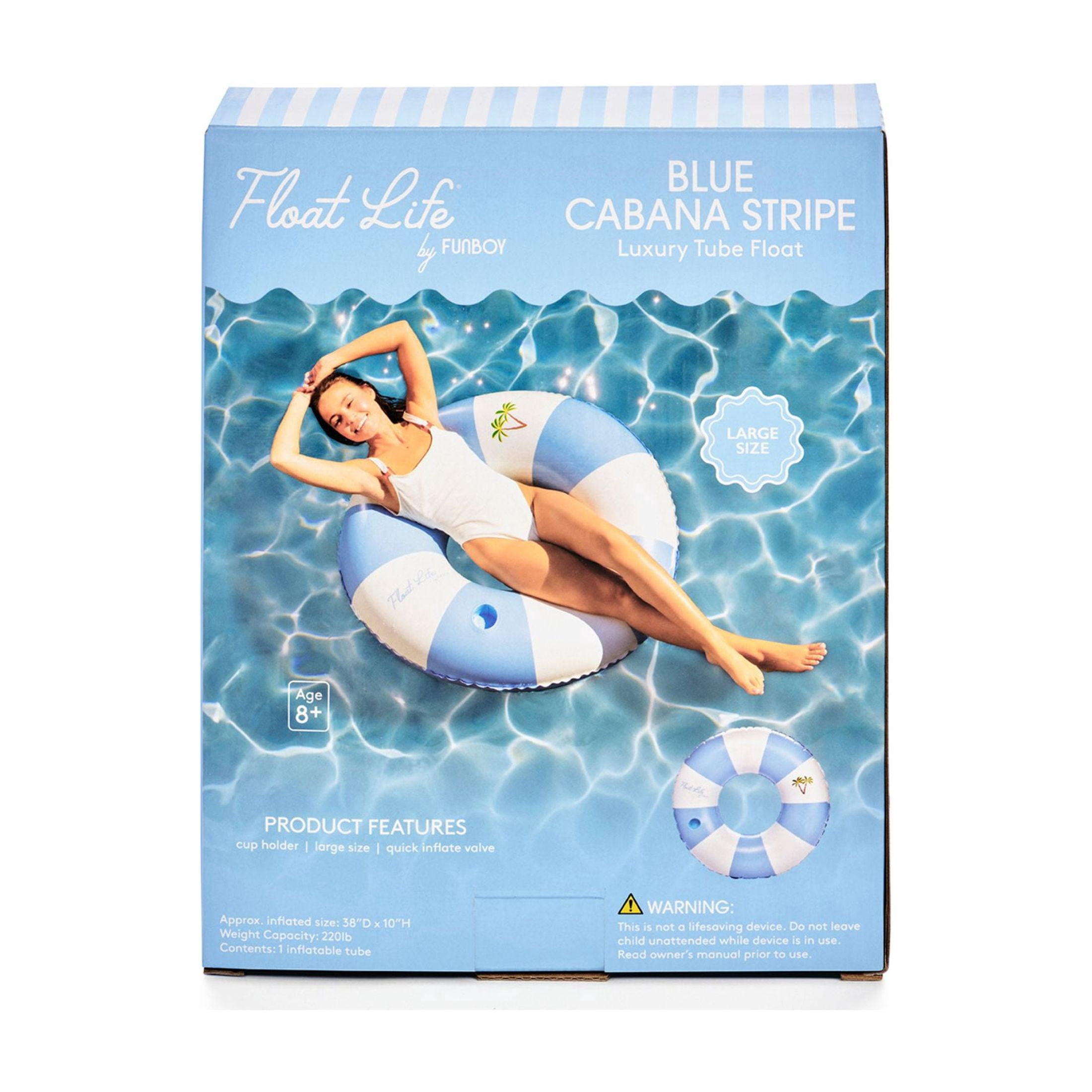 Float Life by FUNBOY Blue Cabana Stripe Luxury Tube Pool Float, Cup-Holder, 43" Oversized Design, Adults or Children Ages 8+