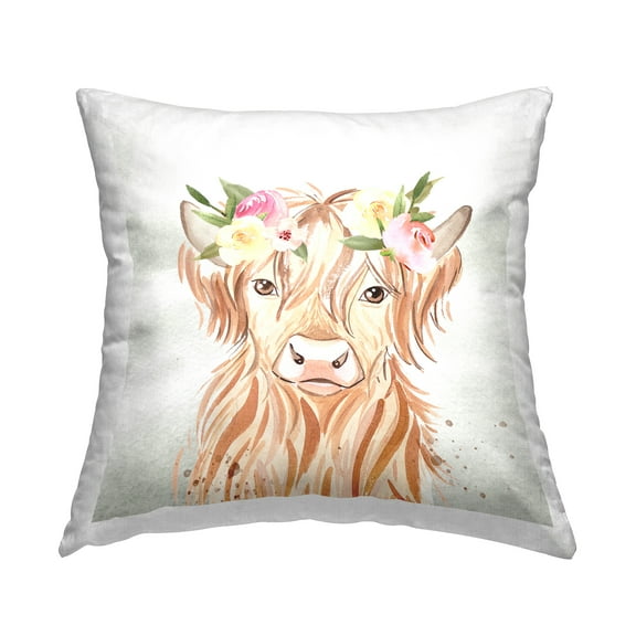 Stupell Industries Floral Highland Cattle Square Decorative Printed Throw Pillow, 18 x 18
