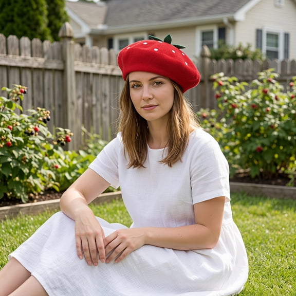PENIKOKO Red Wool Blend Strawberry Plush Beret Hat for Women and Teens, Cozy Stylish Fruit Design Winter Headwear