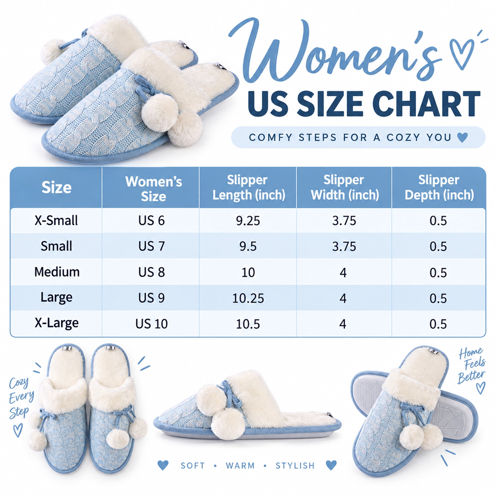 Women’s Cozy Knit Pom-Pom Slippers with Memory Foam, Plush Lined Non-Slip House Shoes, Indoor Slip-On Slippers