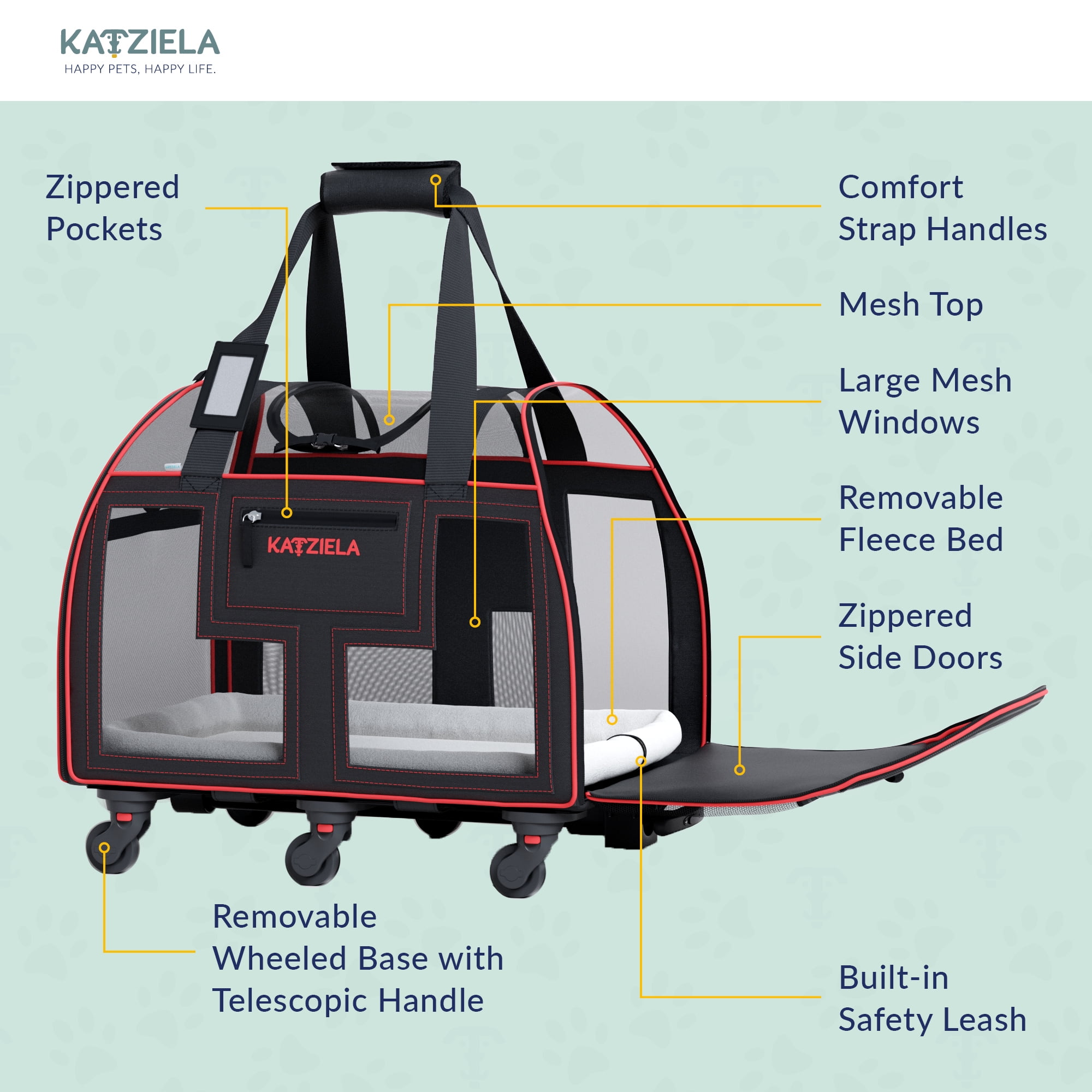 Katziela Luxury Rider Pet Carrier with Removable Wheels and