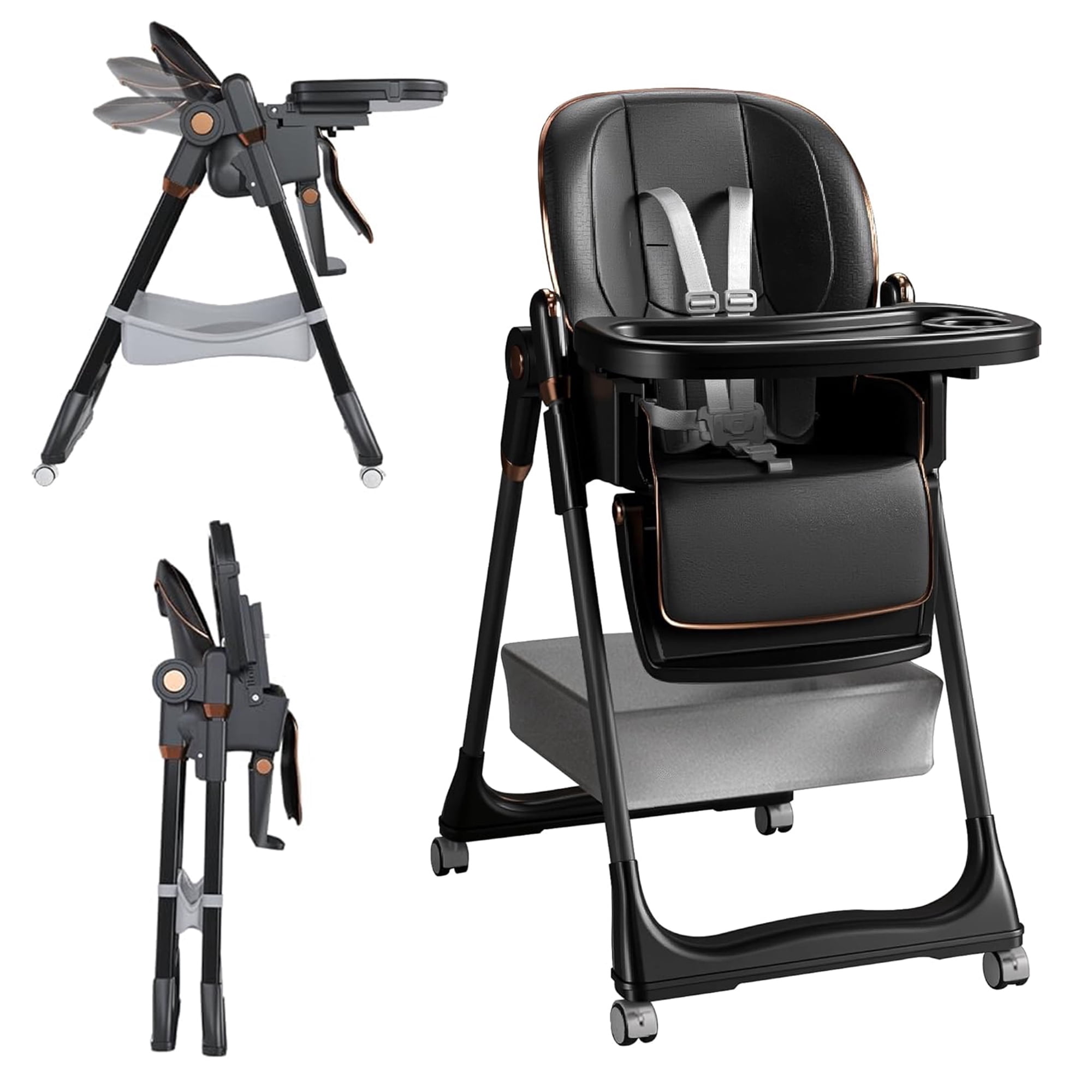 Adjustable Baby High Chair 0-6 Years, Portable Infant Feeding Seat with Safety Belt, Silent Lockable Wheels for Home, Dining, Living Room, Black