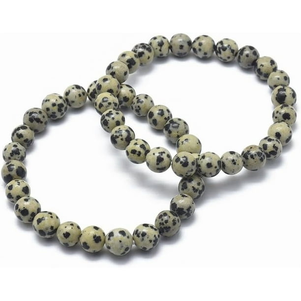 Pulsera elástica redonda de jaspe dálmata natural (1 unidad), de 5,5 a 6 cm (2-1/8 a 2-3/8 pulgadas). Diámetro de la cuenta: 8 mm.