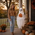 thumbnail image 5 of Halloween Ghost Swing Hanging Decoration, Fabric Ghost Holding Pumpkin on Rope Swing for Front Door, Porch, Tree, Yard and Indoor Outdoor Decor 23.62 x 7.87 Inch, 5 of 7