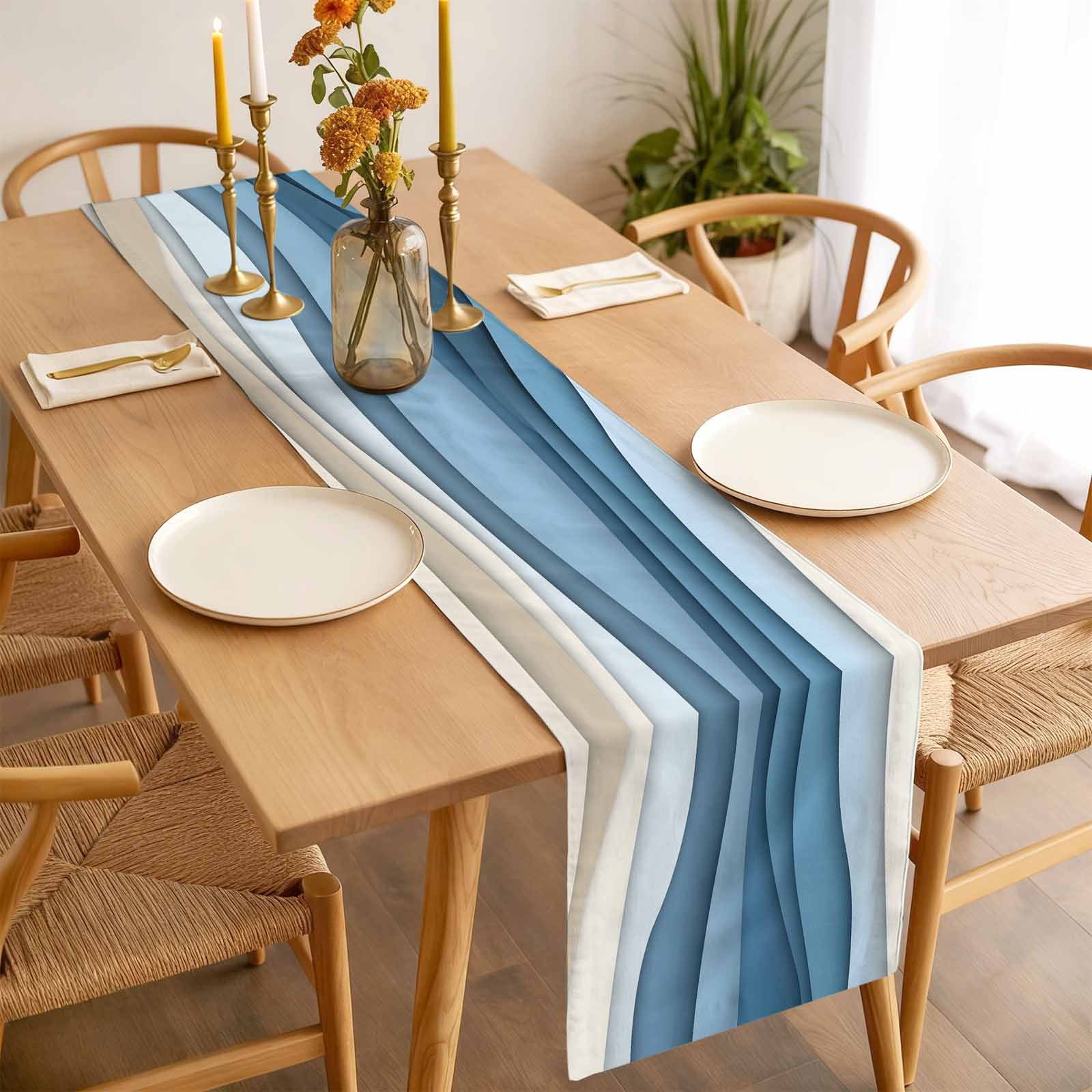Blue Ombre Table Runner 13x108 inch Abstract Stripe Ocean Wave Geometric Modern Art Cotton Linen Dining Table Runner Ideal for Dresser Kitchen Coffee Tables - Machine Washable