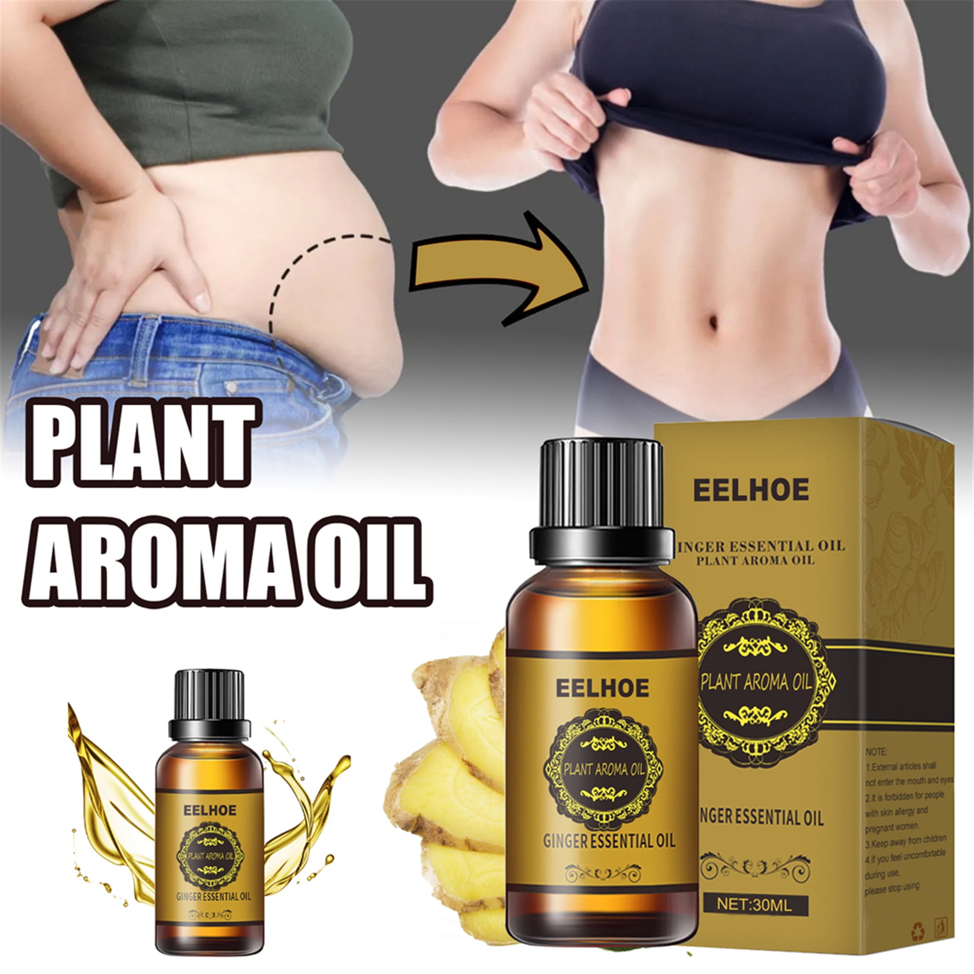 Huile essentielle de gingembre, huile de gingembre pour le drainage du ventre, huile de gingembre pour le drainage lymphatique, massage à l'huile d'arôme végétal pour favoriser la circulation sanguine, soin de la peau, combustion des graisses, perte de poids, 1PCS, 30ML