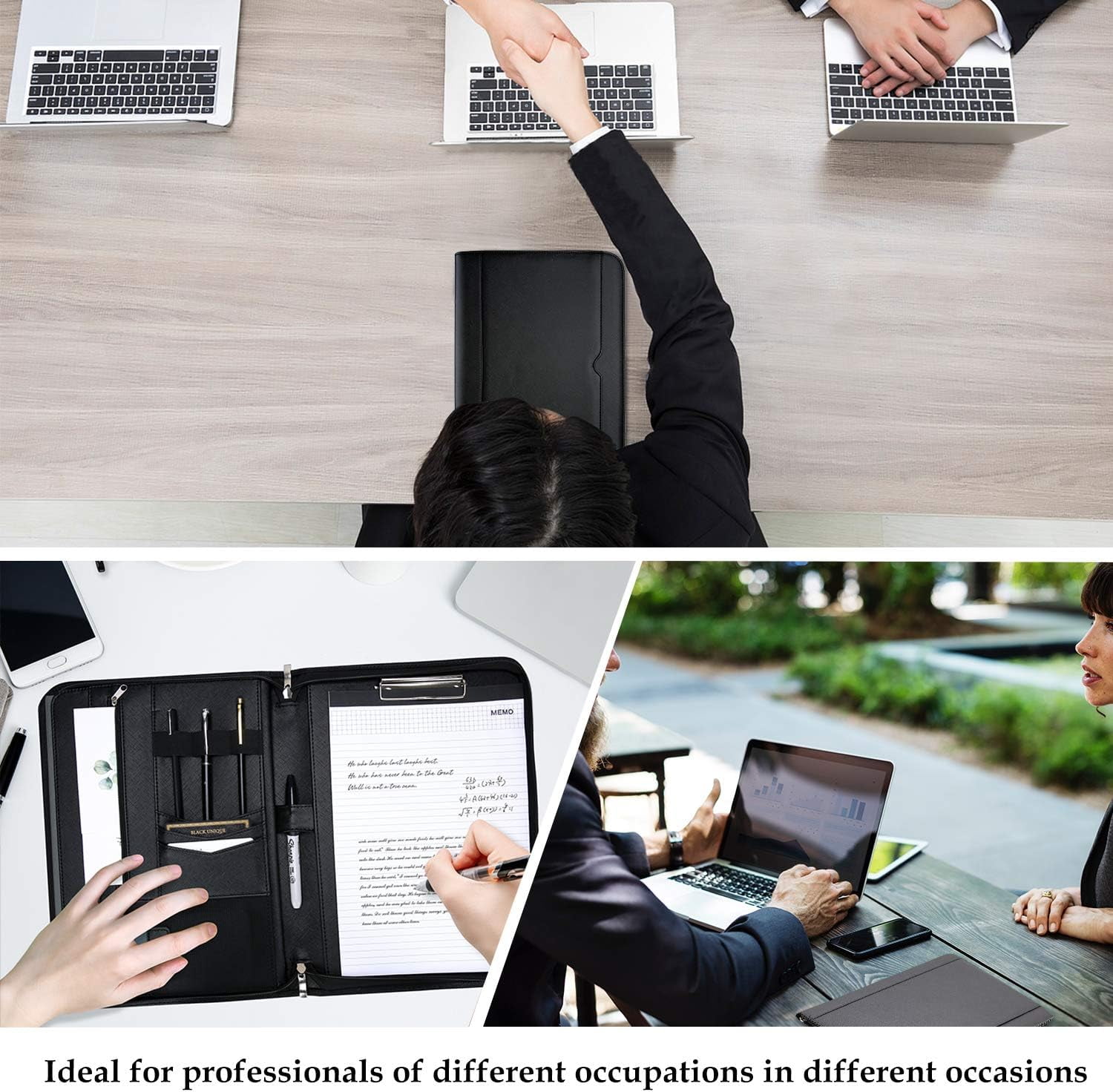 ProCase Portfolio Binder, Leather Padfolio File Folder Zipper Notepad Business Legal Document Holder with Tablet Sleeve, Phone Pouch, Card Organizer, Writing Pad -Black