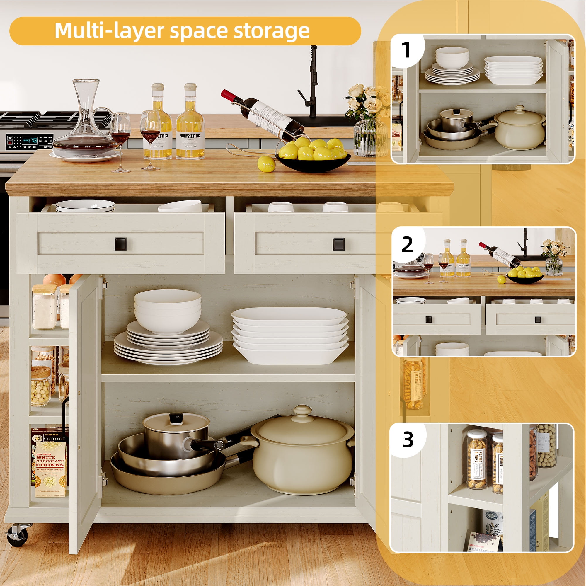 DWVO Kitchen Storage Cart with Power Outlets, Rolling Kitchen Island with Storage Shelves and Drawers, off-White