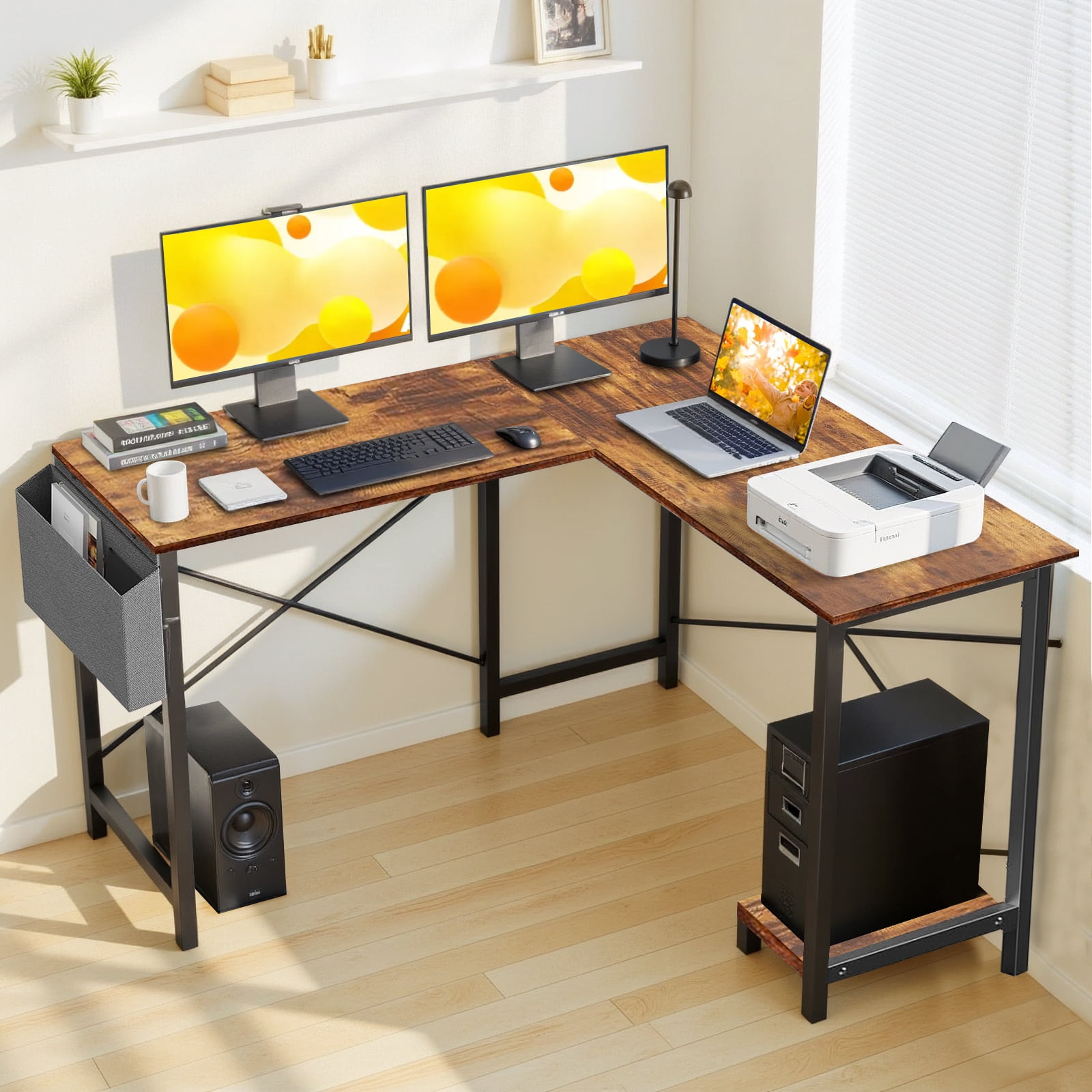 L Shaped Gaming Desk, 50 Inch Reversible Corner PC Work Table for Writing Study, Wood Tabletop and Metal Frame, CPU Stand Side Bag for Home Office Small Space, Brown