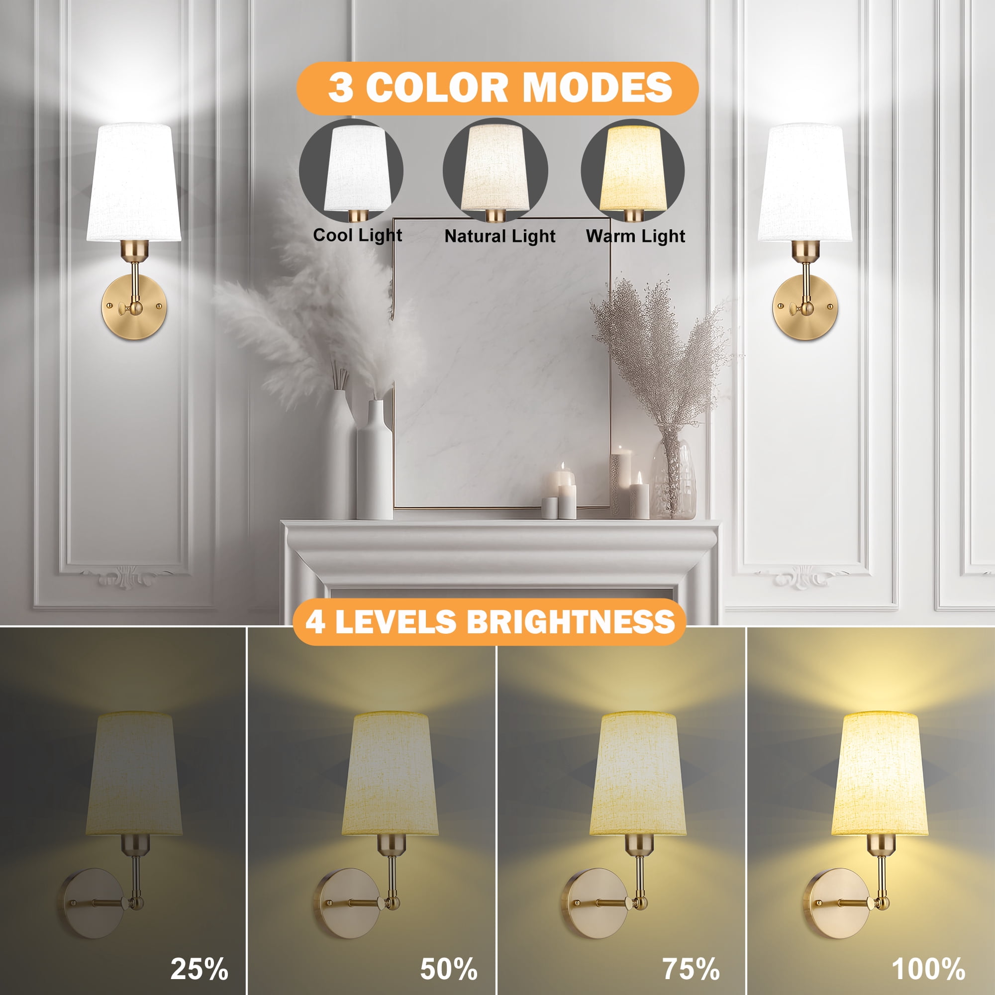 Battery Operated Wall Sconce Set of Two,Modern Gold Rechargeable Wall Lights with 5200mAh RGB Bulb and Remote Control,270°Rotation Dimmable Battery Powered Wireless Wall lamps for Bedroom Living Room