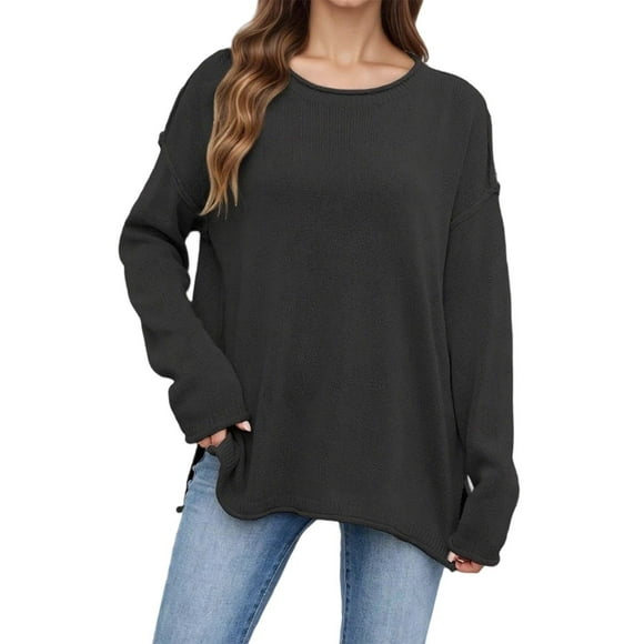 Lixiuxyad Extra Long Layering Plus Size Women's Knit Sweater Casual Loose Fit Round Neck Long Sleeve Basic Pullover Top For Fall Winter Comfortable Stretchy Soft Warm