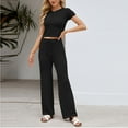 thumbnail image 2 of Enjoytime Travel Outfits for Women Knitting Crewneck Short Sleeve Tops with Pants Two Piece Sets Comfy Matching Loungewear, 2 of 5