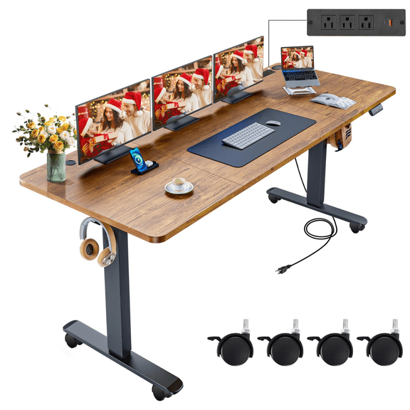 Legooin 70"W Ultra-Wide Electric Standing Desk with Power Strip, Rolling Gaming Desk with Height Adjustment 28"-46" for Home Office Gaming Room, Brown
