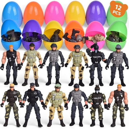 Fun Little Toys 12 Pcs Easter Eggs Prefilled with Army Men Realistic Army Ranger Action Figures, Easter Stocking Stuffers, Easter Basket Stuffers, Easter Egg Fillers