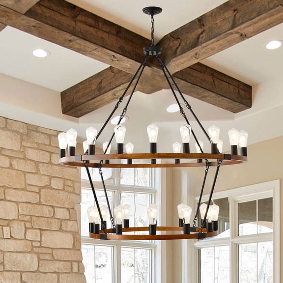 32-Light Farmhouse Wagon Wheel Chandelier,2-Tier Rustic Farmhouse Chandelier, Wagon Wheel Light Fixture Wood Chandelier Light Fixture for Living Room Foyer