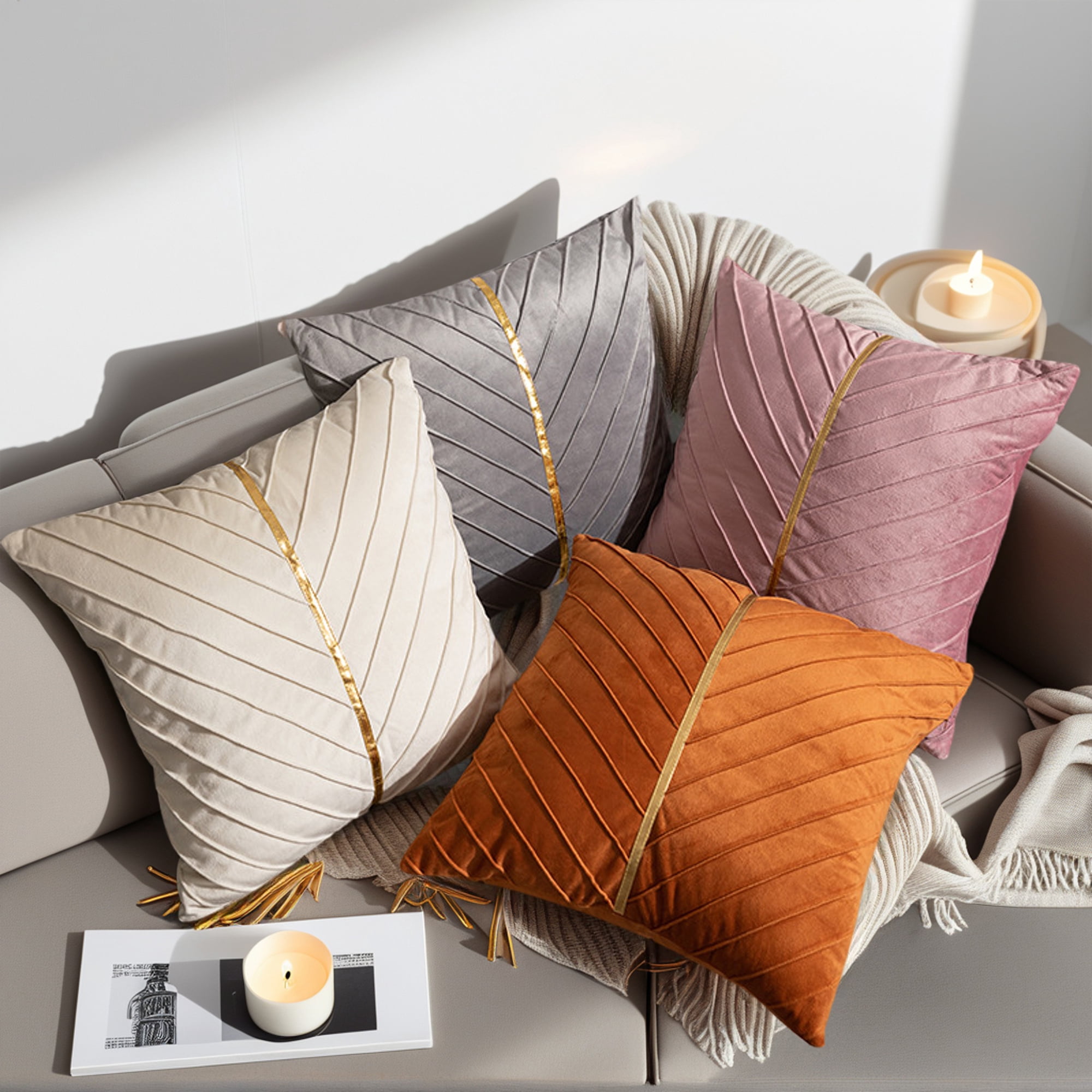 Unique Bargains Velvet Throw Pillow Cover with Gold Striped Cushion Orange 18" x 18"