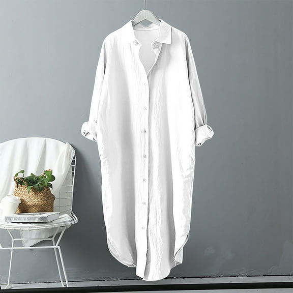 Womens Oversized Cotton Linen Shirts Dress Button Up Long Sleeve Sun-protection Spring Summer Beach Maxi Cover Ups (X-Large, White)