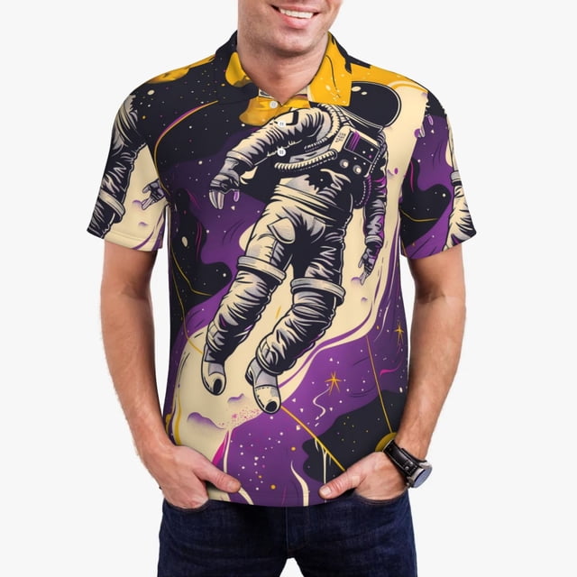 Balery Astronaut Floating purple Space Camisa Polo de Hombre con Estampado, de Manga Corta y Tejido Medio, Camisa Tipo Golf Polo-Large