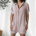 thumbnail image 2 of ShomPort Jumpsuits for Women Cotton Linen Button down Collared Loose Overalls Short Sleeve Wide Leg One Piece Rompers (X-Large, Pink), 2 of 6
