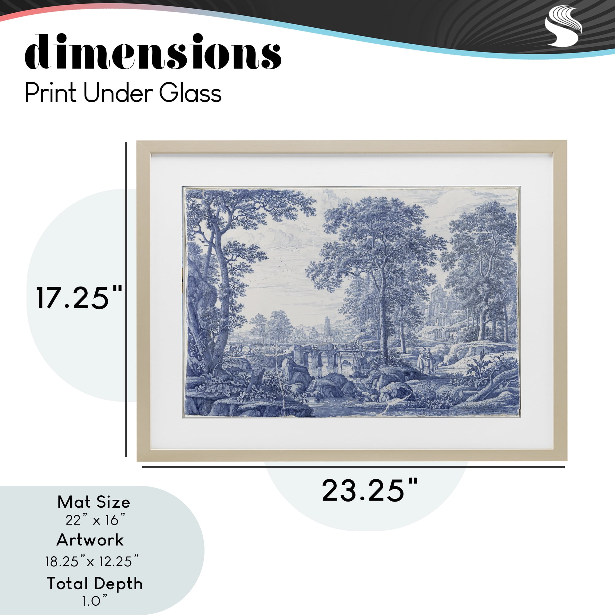 Vintage Blue Tinted Toile Birch Framed Print Under Glass, design by Vintage Hustle