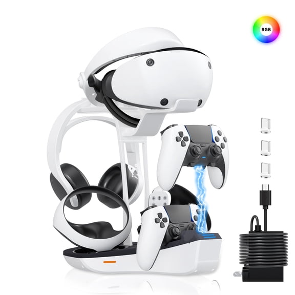 4-in-1 Controller Charging Station for PSVR2 and PS5, Dual Charging Dock with VR Headset Display Holder and Headphone Rack, LED-Charging Indicator, AC Power Adapter, RGB Lights, 3 Magnetic Connector