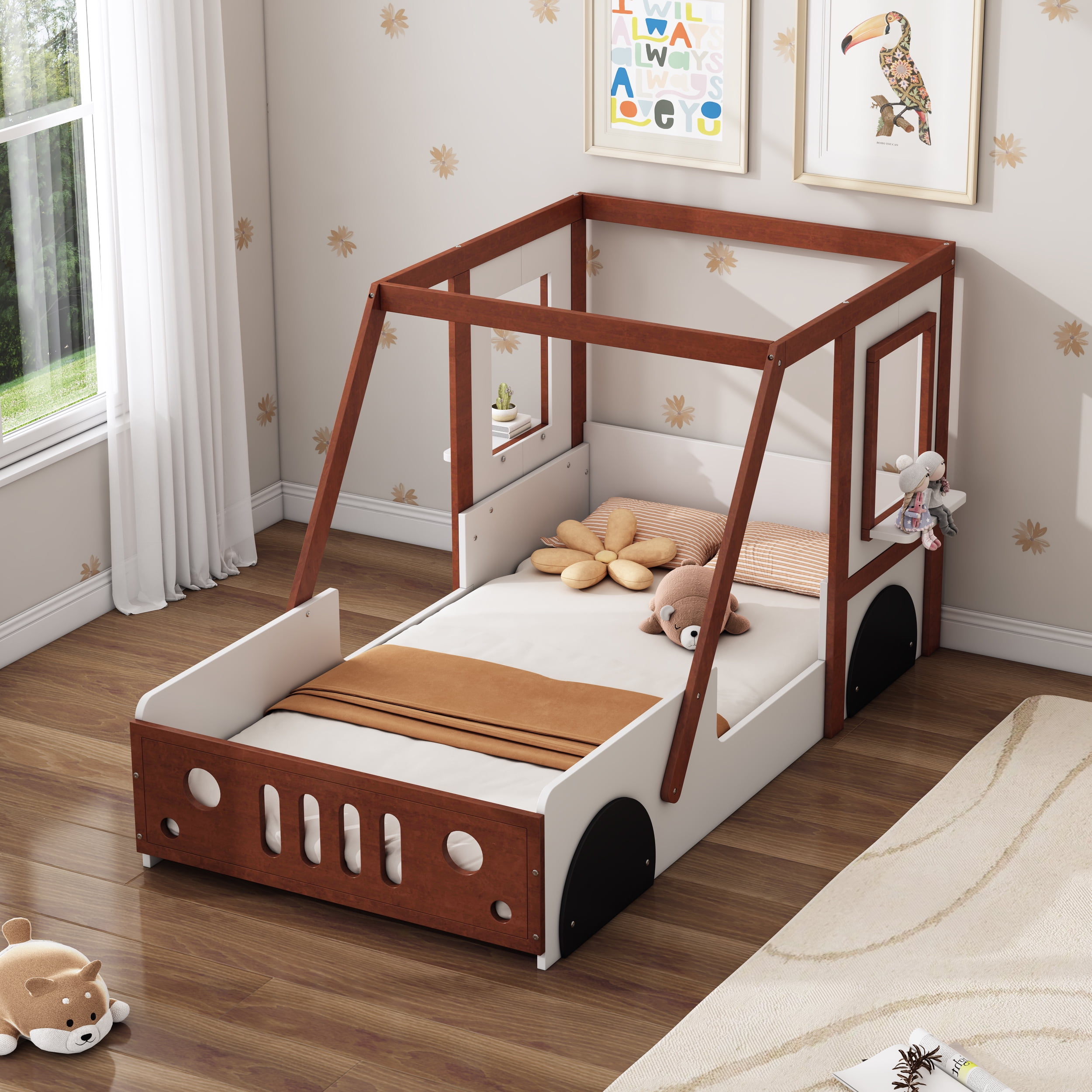 Twin Size Fun Play Car Bed in White+Orange, Solid Wood and MDF Frame, Kids Platform Bed for Boys, Girls and Teens