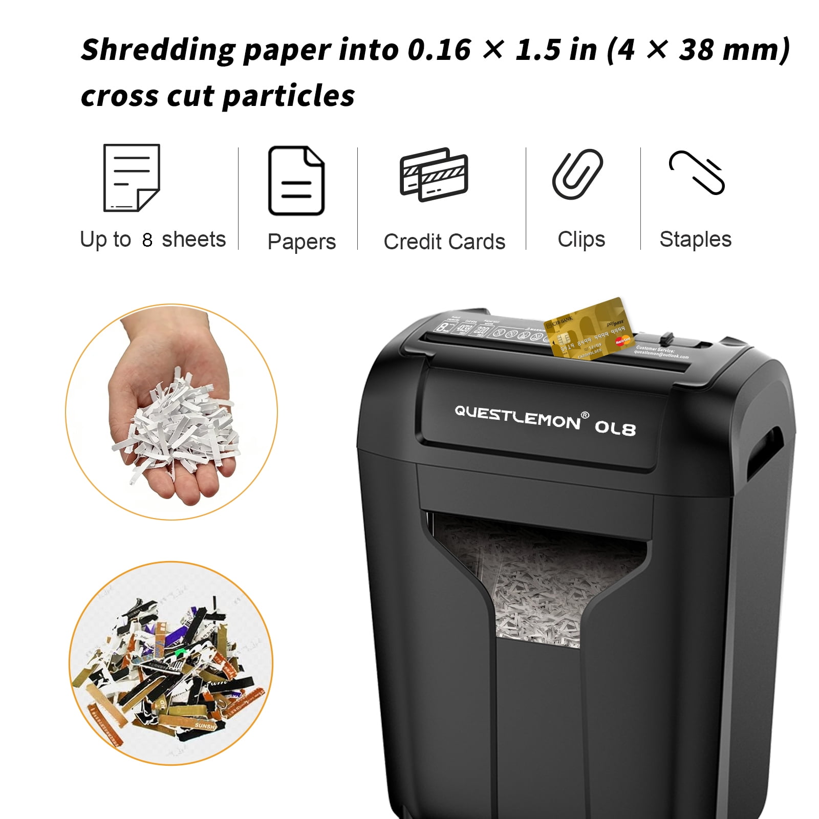QUESTLEMON 8-Sheet Cross Cut Paper Shredder and Credit Card Shredder with 4Gal Bin for Home Use