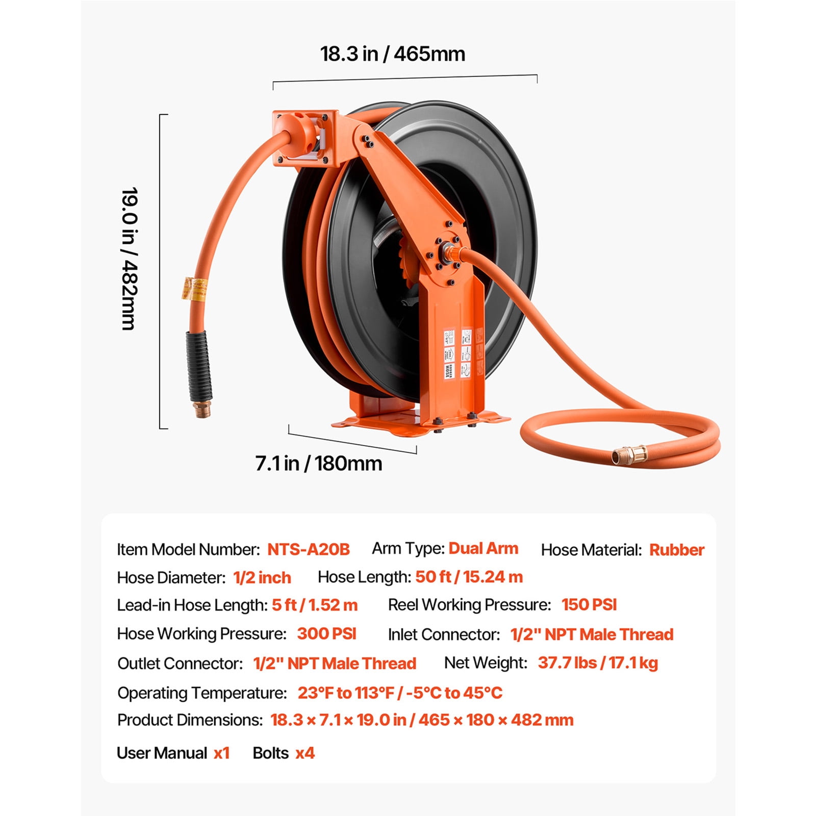 KFFKFF Retractable Air Hose Reel, 1/2 Inch x 50 FT Rubber Hose, 300 PSI Max Pressure, Auto Rewind Compressor Hose Reel with 5 ft Lead-In, Wall/Ceiling Mount, Durable Steel Double Arm