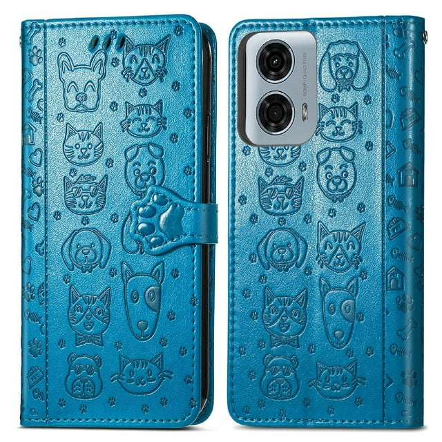 Funda Cartera FOXDOCK para Motorola Moto G24 Power , Flip PU con Relieve de Gatos y Perros, Tarjetero y Soporte