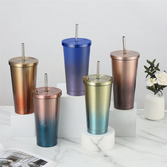Viflosae Insulated Cups Stainless Steel Cup 304 Stainless Steel Double Layer Straw Cup Elegant Gradient Insulated Tumbler Portable Outdoor Coffee Mug Leak Proof Travel Cup for Travel, Camping