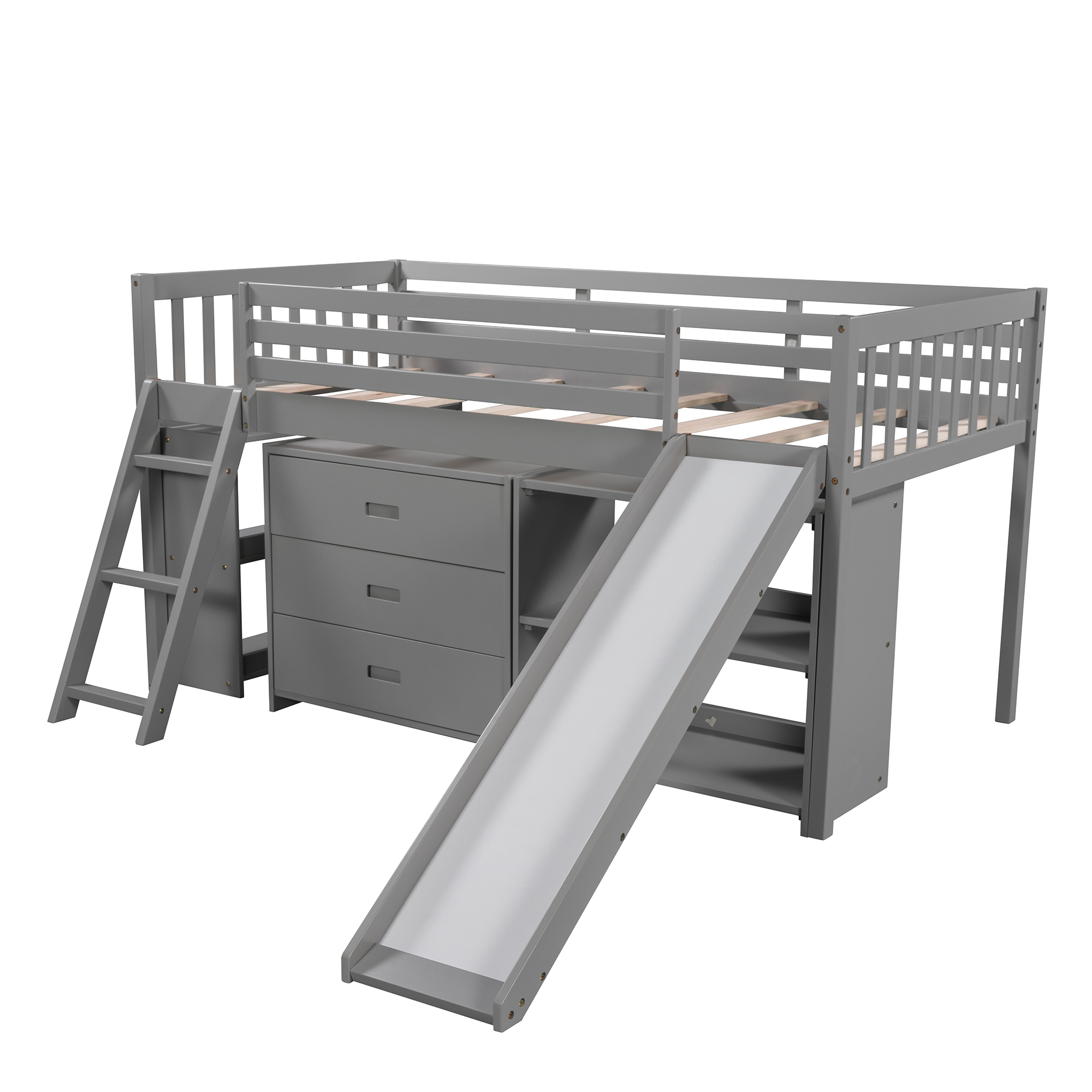 Euroco Wood Twin Size Low Loft Bed with Bookcase, Drawers, Ladder and Slide, Gray - image 5 of 12