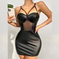 thumbnail image 5 of Levmjia Women Spaghetti Strap Leather Bodycon Mini Lingerie Dress Wet PU Lace Up Nightgown Soft Stretchy Spring Summer Indoor Leisure Ruched Slim Fit Bedroom Club Party, 5 of 9
