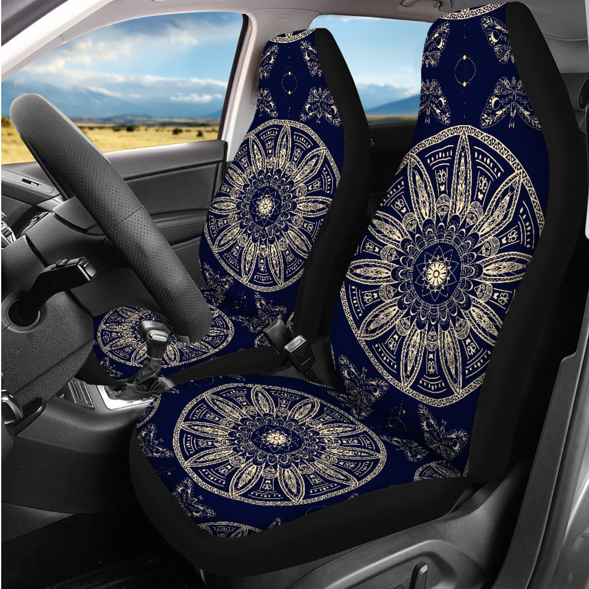 Jeiento Boho Mandala Flower Car Seat Cover Set of 14 Steering Wheel Cover Seat Belt Pad Car Headrest Cover Coaster Armrest Cover Keychain Fit for Truck Sedan Van SUV Interior Auto Accessory