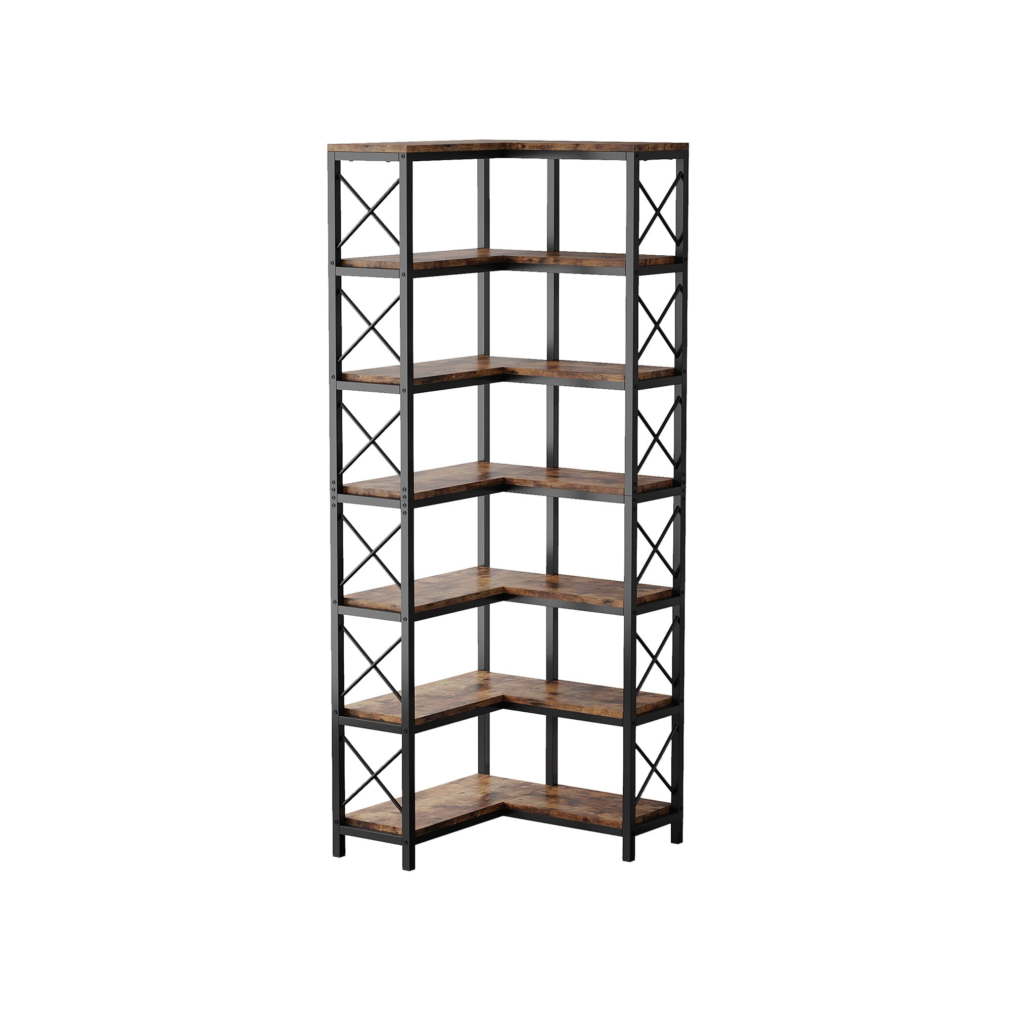 MAYEERTY Industrial 7-Tier Corner Bookcase with X-Shaped Support Bars, 14 Open Display Storage Shelves