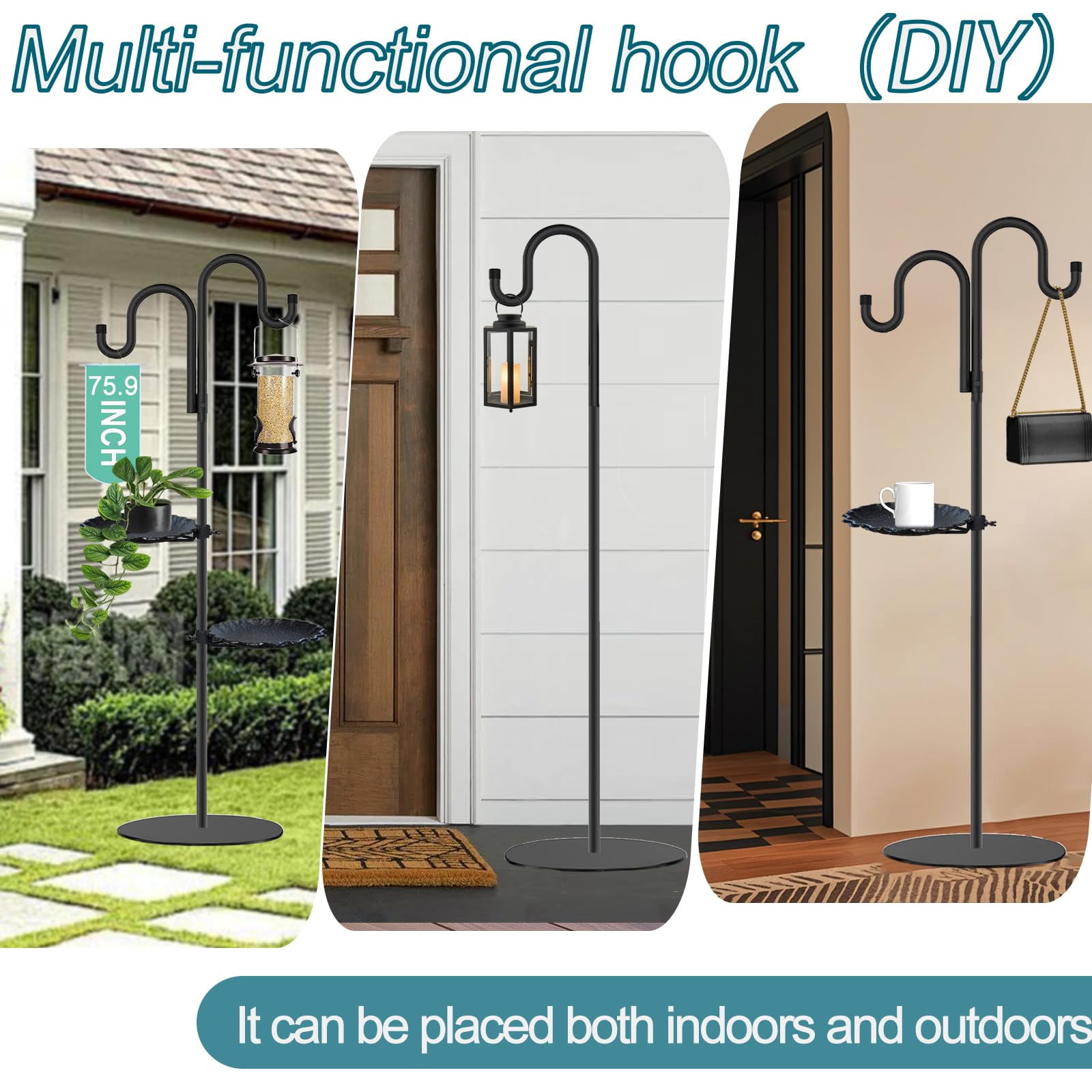 Upgraded 74" Shepherd's Hook Stand plant，Bird Feeder，Wind Chime Hanger Stand, Waterproof Metal & Adjustable-Height Standing Pole Holder for Lantern and Wreath, Indoor & Outdoor（2 Placement Racks)