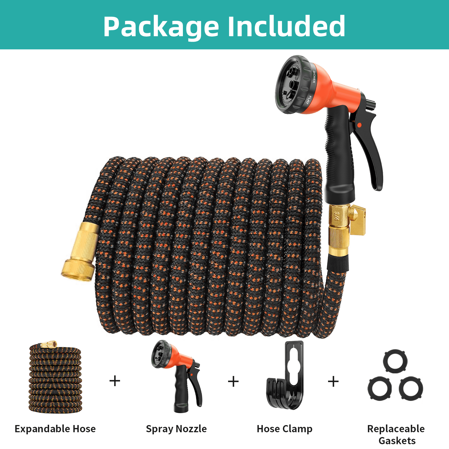 SUNDAN Expandable Garden Hose 50ft No Kink Flexible Water Hoses for Outdoor with 8-Pattern Spray Nozzle(Black/Orange)