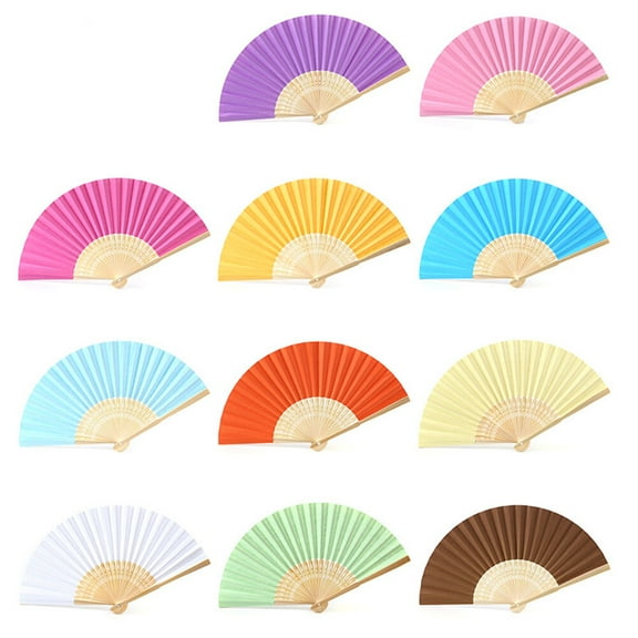 5pcs Handmade Paper Folding Fans Bamboo Hand Held Fan Gift Party Favors DIY Decor for Kids (Green, Purple, Pink, Rosy, Yellow)