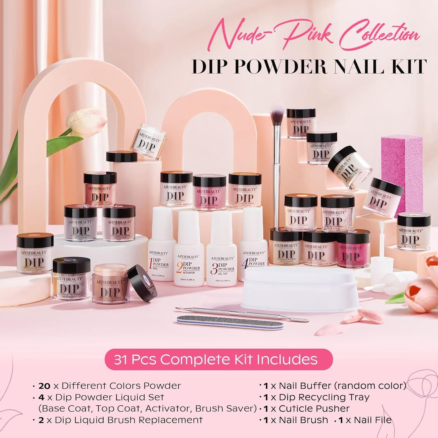 AZUREBEAUTY 31 Pcs Dip Powder Nail Kit Starter 20 Colors Clear Nude Pink Brown Glitter All Season Acrylic Dipping Powder Liquid Set with Top/Base Coat Activator for French Nail Art DIY Salon Gift