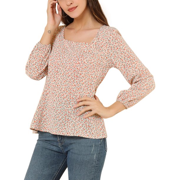 Blusa Allegra K Cintura Con Cinturón Estampado Floral Cuello Cuadrado Albaricoque XL