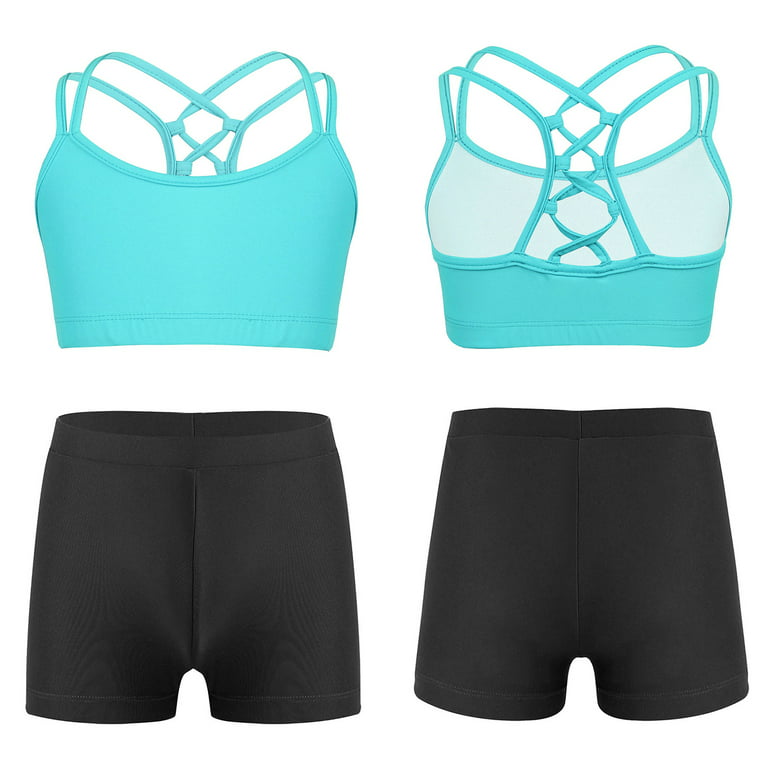 inhzoy Kids Girls 2Pcs Activewear Set Gymnastics Dance Sports Bra Crop Tops  and Booty Shorts Light Green&Black 12 