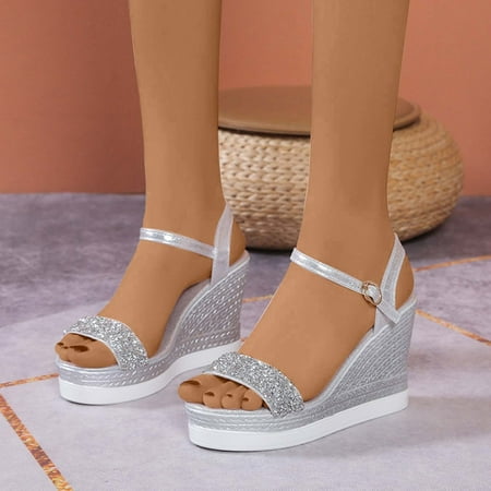 

KBODIU Womens Sandals Mothers Day Gifts Open Toe Casual Rhinestone Comfortable Wedge Platform Sandals for Women Dressy Summer Silver 37