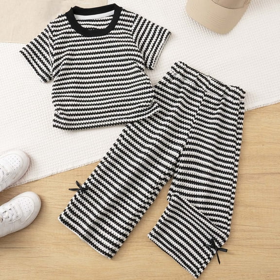 BRGZLK Girl's 2 Piece Outfit Casual Fashion Striped Round Neck T-Shirt and Wide Leg Pants Set Breathable Comfy Summer Cute Two-Piece Set Cute Outfits,Girls Gift Black 5-6 Years