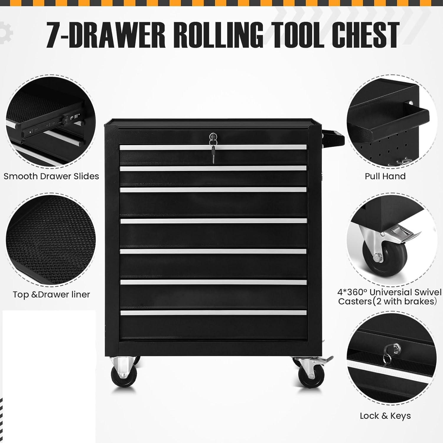 7-Drawer Rolling Tool Chest, Metal Tool Box Organizer with Auto Locking System, Sliding Drawers, Detachable Top, Lockable Wheels, Tool Storage Cabinet for Garage & Workshop