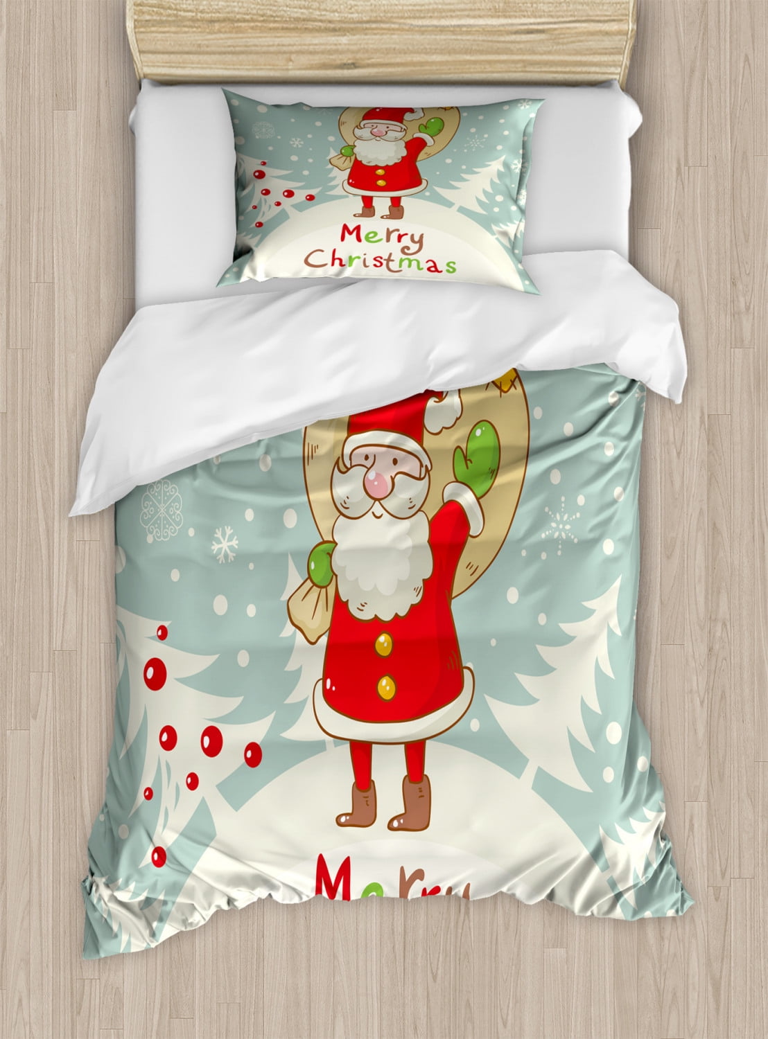 Santa Duvet Cover Set, Merry Christmas Theme Cute Santa with a Sack of ...