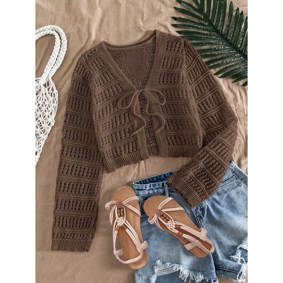 Women's Cropped V-Neck Tie Front Cardigan Long Sleeve Open Front Knit Top for Music Festival Beach Party Summer Vacation Boho