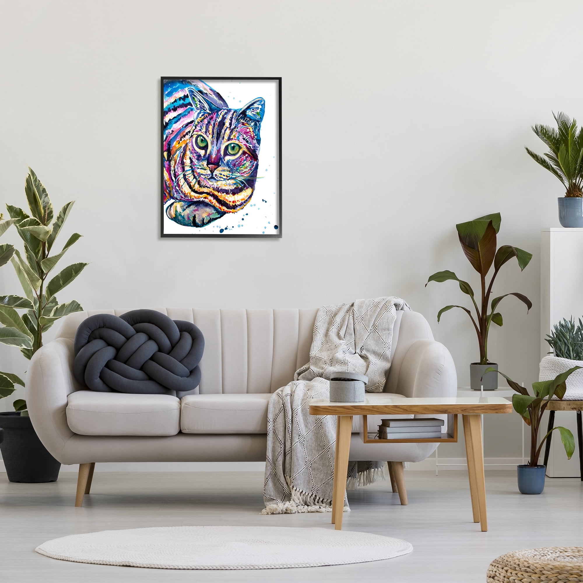 Stupell Fun Striped Rainbow Cat Portrait Animals & Insects Painting Black Framed Art Print Wall Art